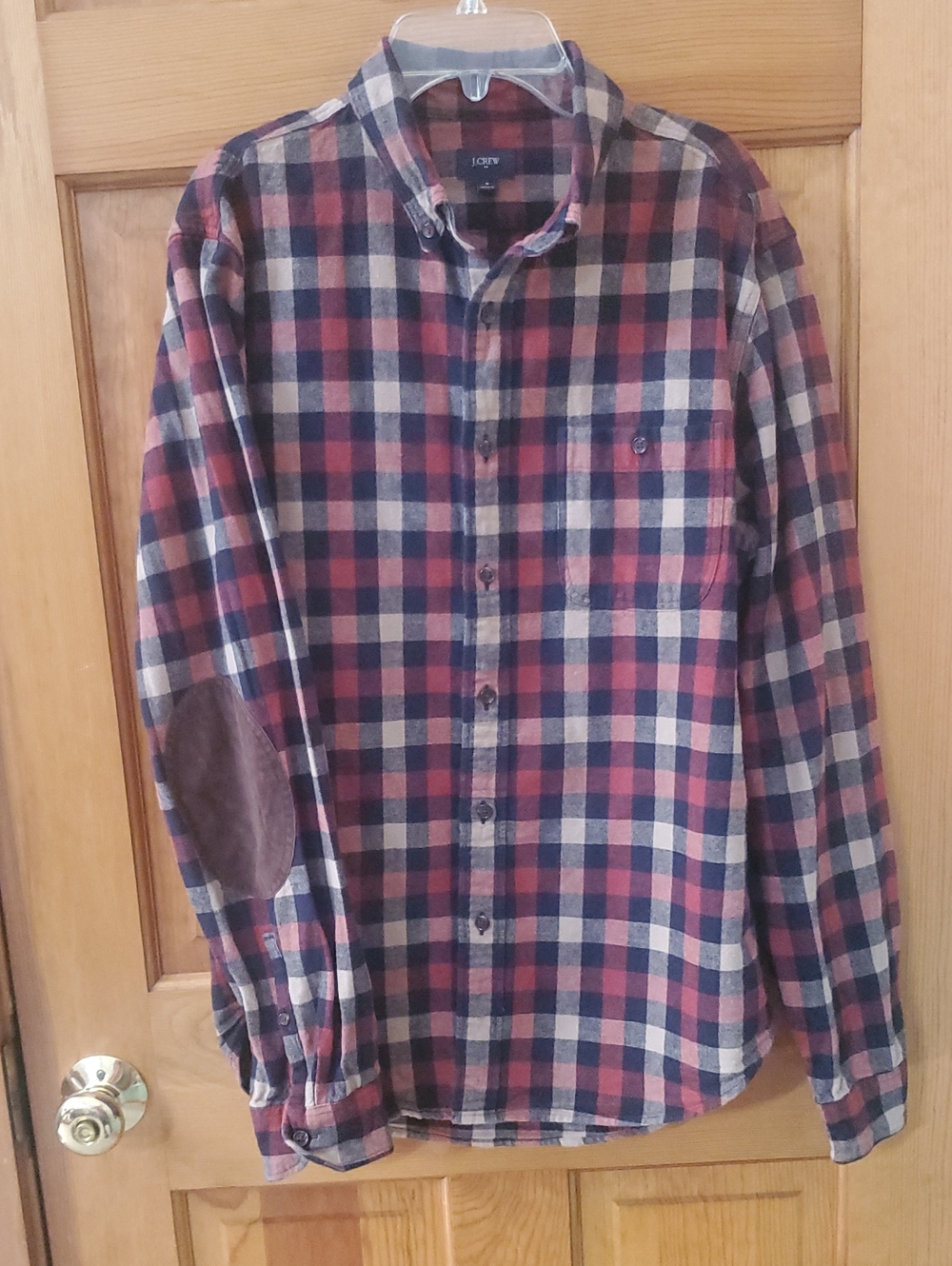 J. Crew Men's Rust, Navy & Cream Plaid Button-Down Shirt with Elbow Patches